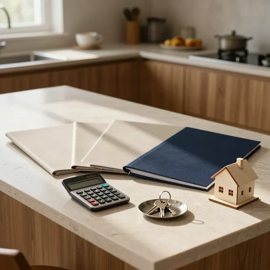 Folletos de comparación de préstamos sobre isla de cocina, con llave, calculadora y mini casa.