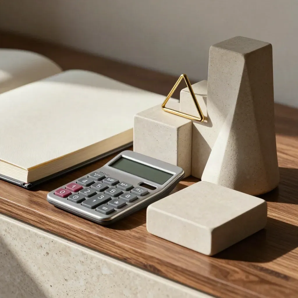 Naturaleza muerta de inversión con calculadora, cuaderno cerrado y triángulo de latón sobre madera cálida.
