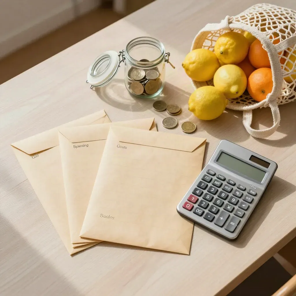 Vista cenital de presupuesto familiar con sobres, calculadora, tarro y bolsa con cítricos.