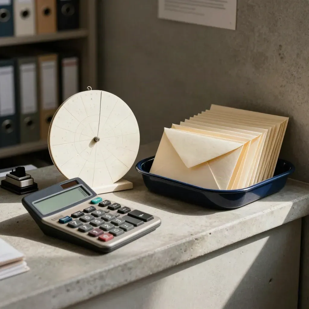 Esquina fiscal con calculadora, calendario circular y sobres sellados sobre hormigón pulido.