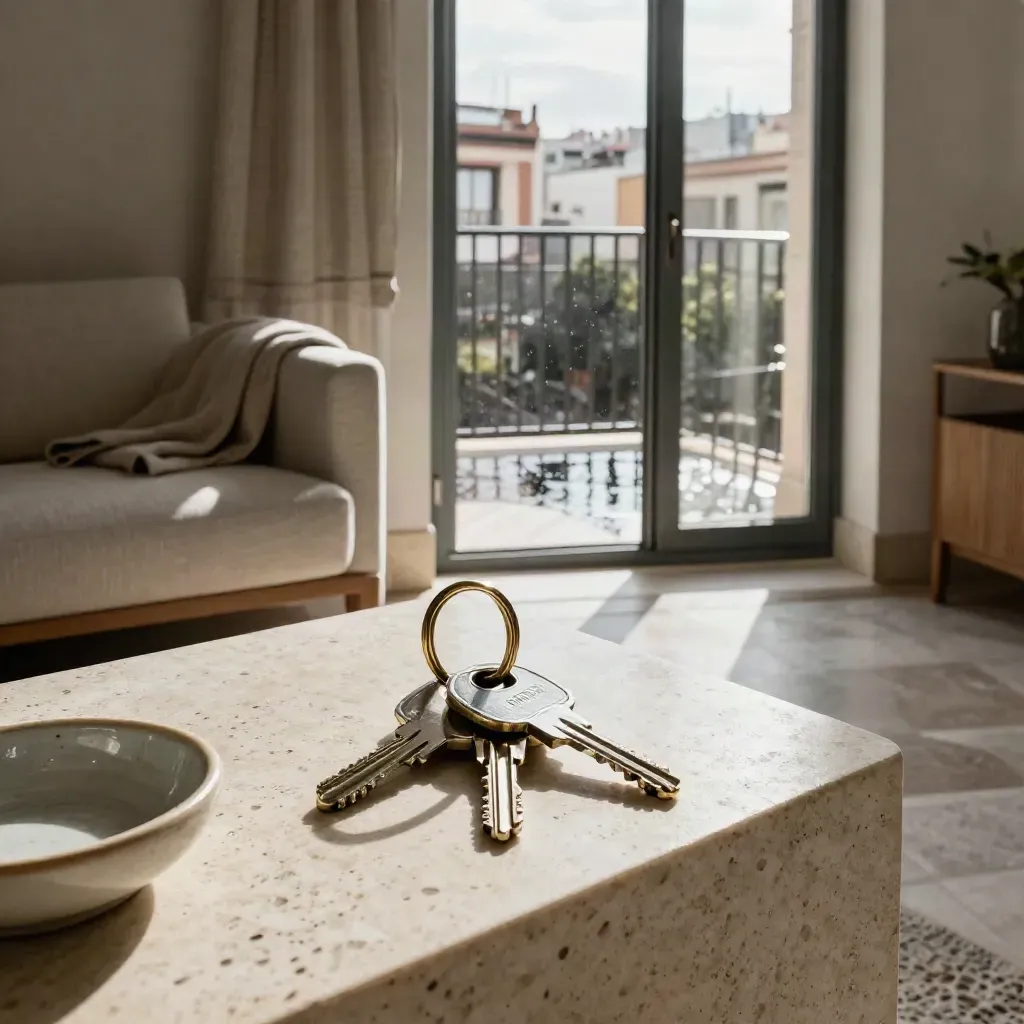 Llaves en consola de travertino, persianas bajas y terraza abierta; el piso se ve más amplio.