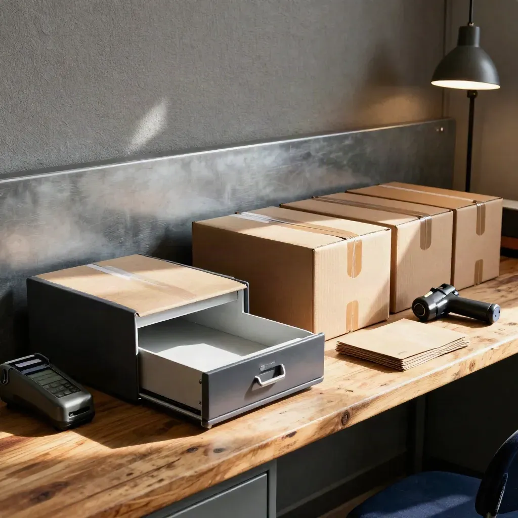 Estación de empaquetado e-commerce ordenada con cajas, datáfono y cajón de cobro.