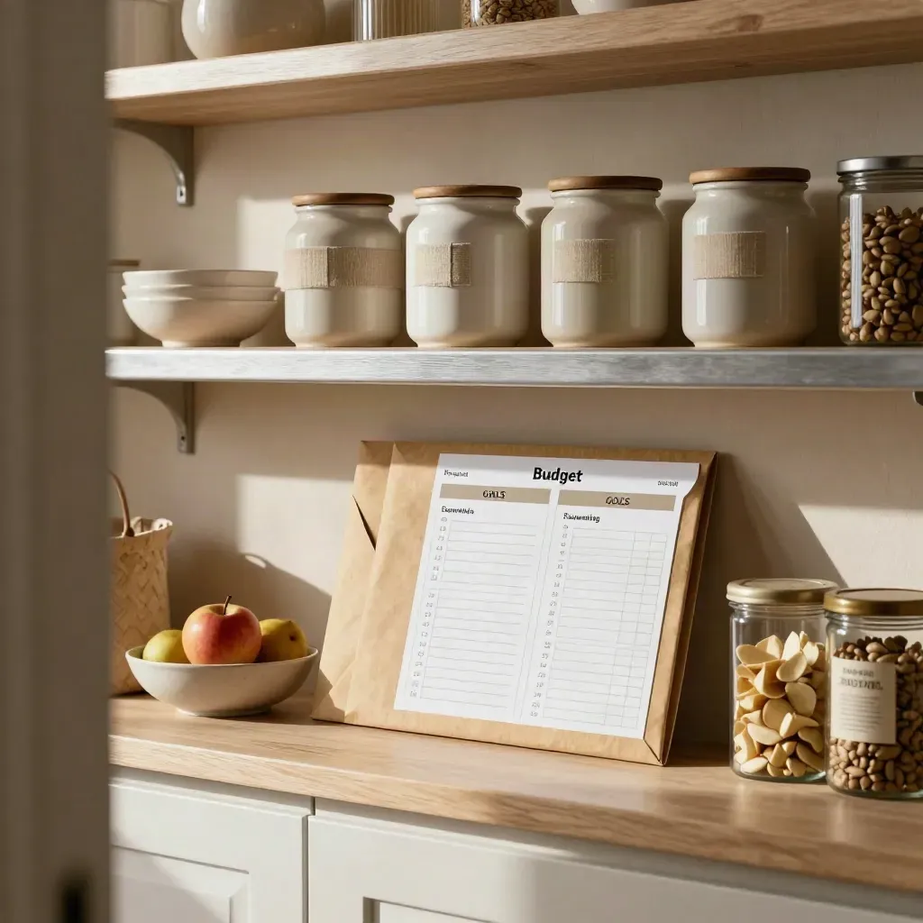 Despensa ordenada con sobres de presupuesto, tarros y fruta en una cocina luminosa.