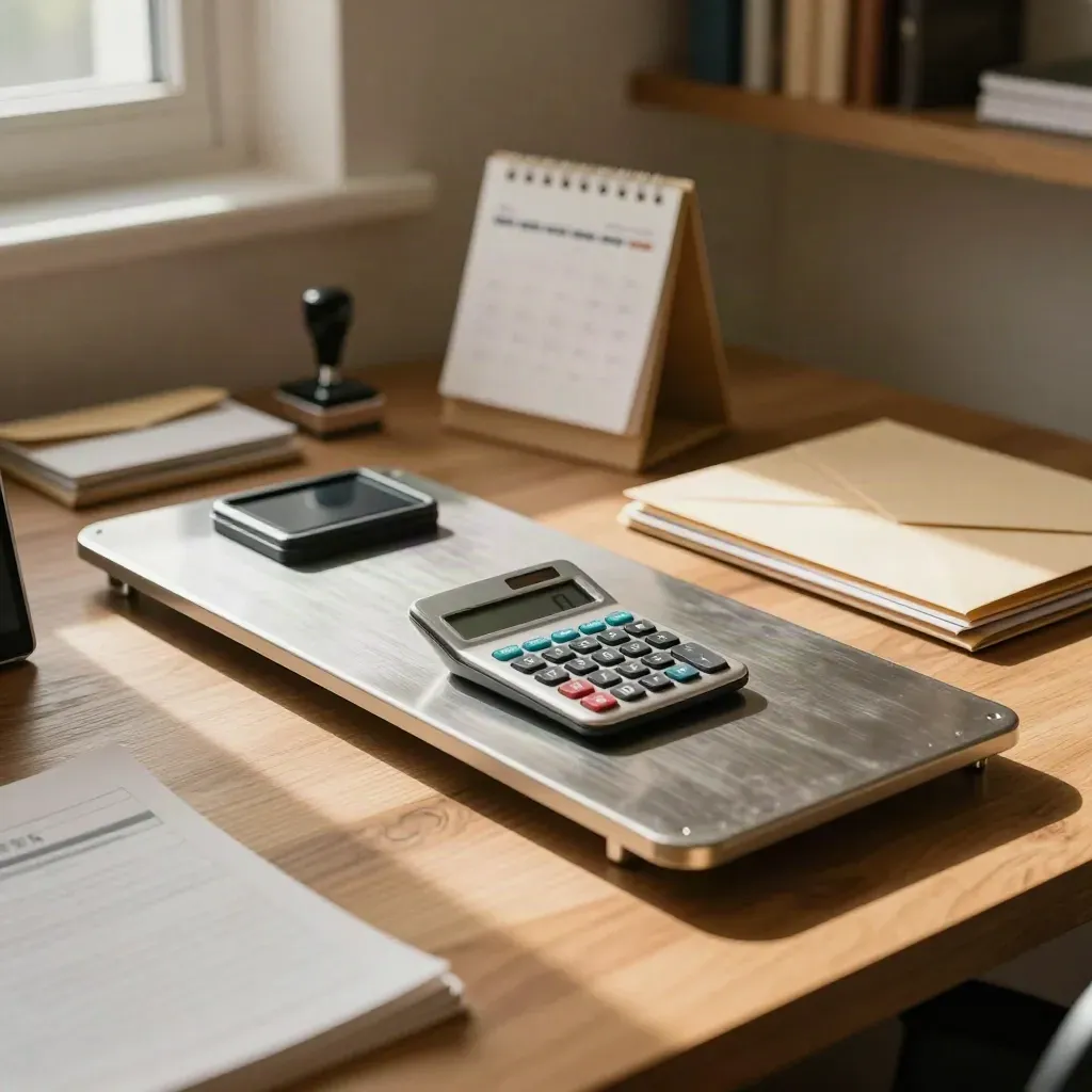 Rincón contable en casa con calculadora, bandeja metálica, calendario y sobres sellados.