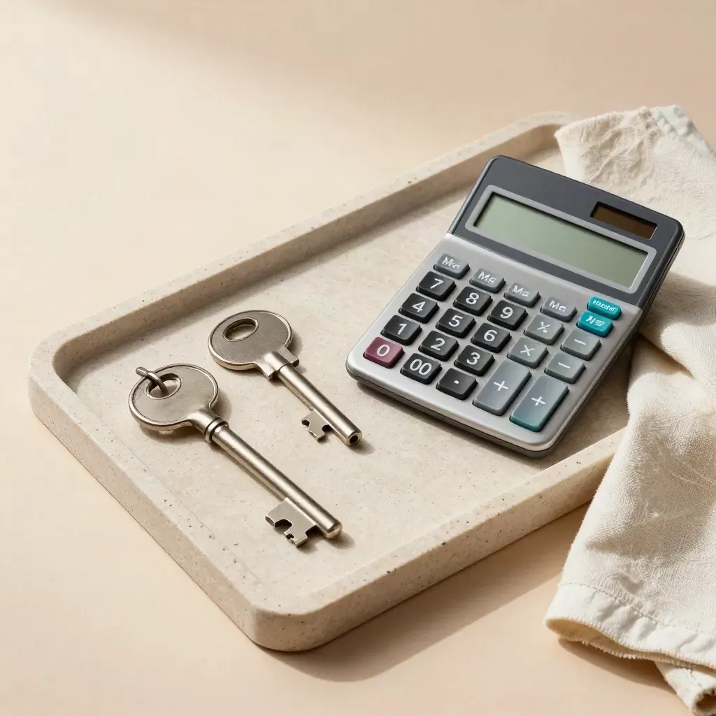 Bandeja de piedra con tres marcadores, una llave y una calculadora, vista cenital minimalista.