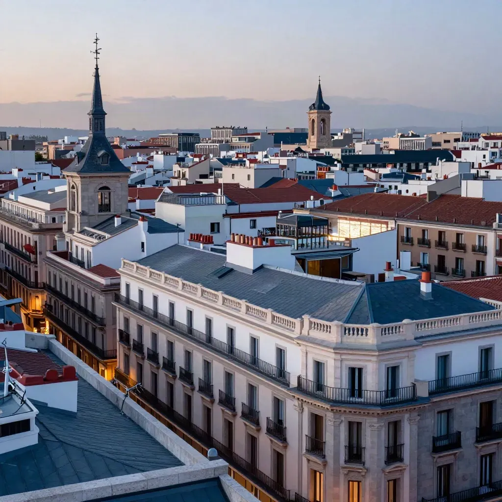 Madrid al anochecer desde una terraza elevada, con Gran Vía y torres lejanas entre neblina.