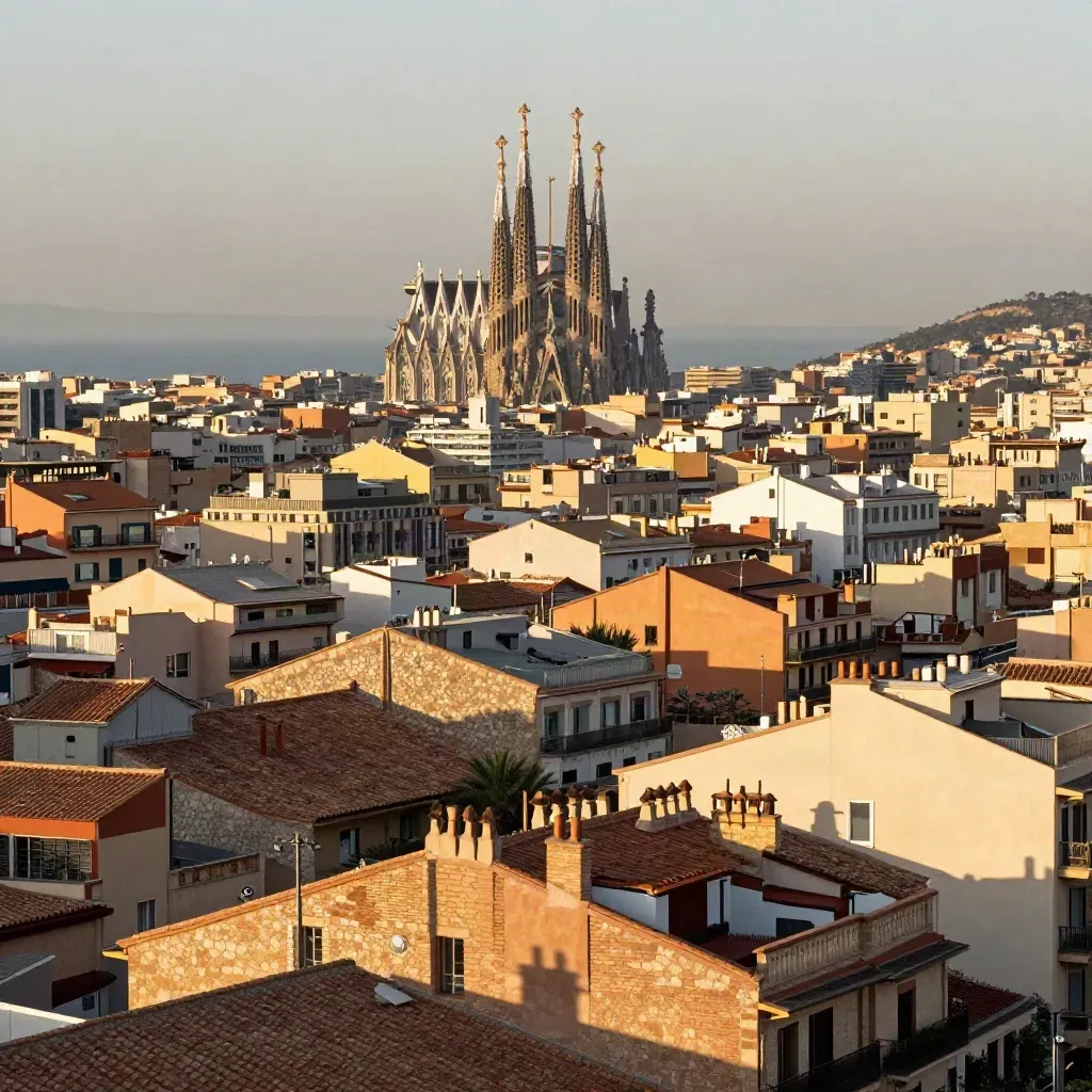 Tejados de Barcelona al atardecer con la Sagrada Família sobre la bruma marina.