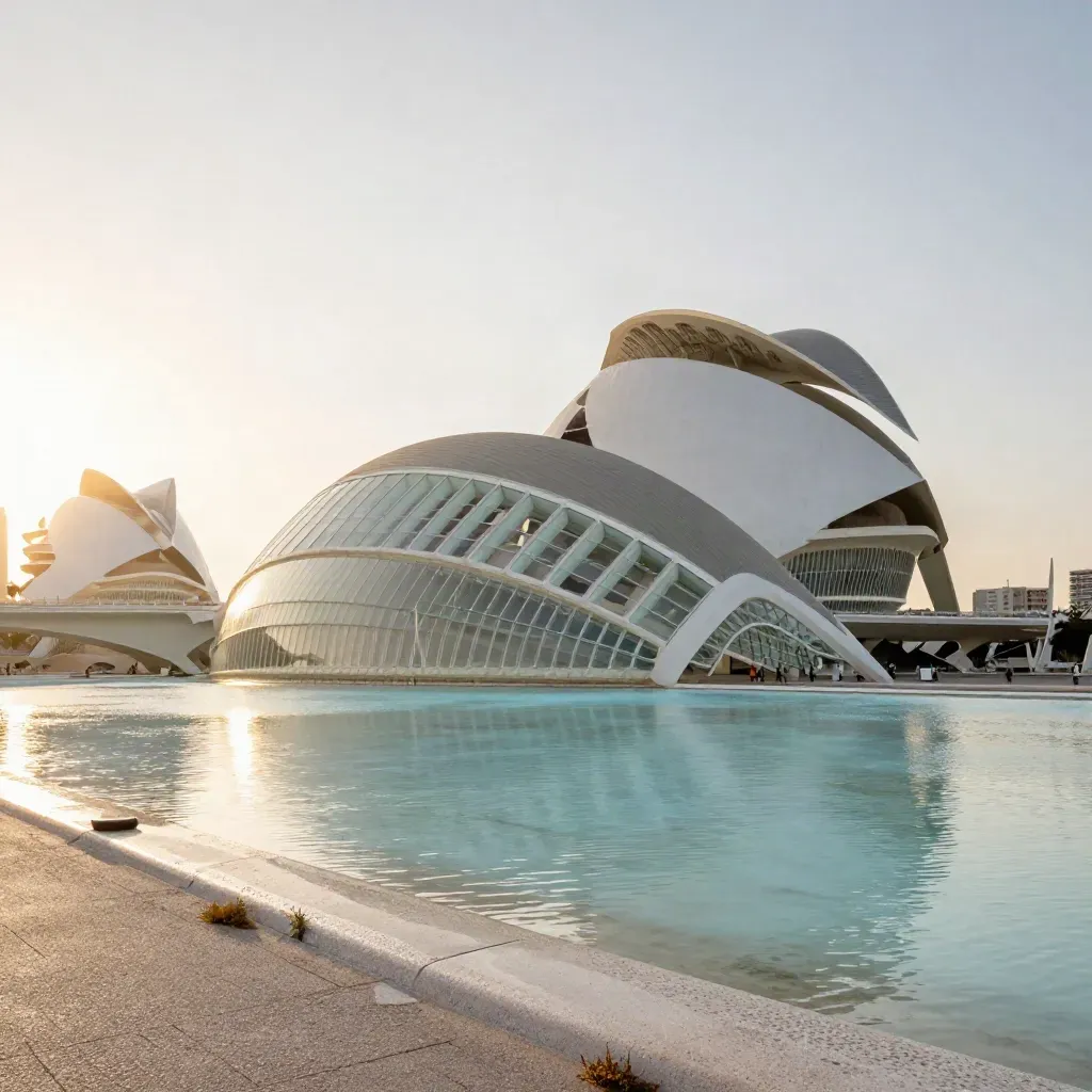 Valencia al atardecer con la Ciudad de las Artes y las Ciencias sobre agua inmóvil.