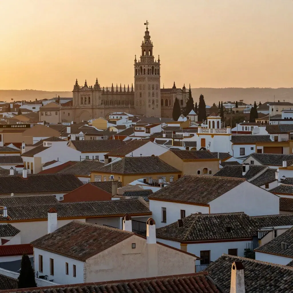 La Giralda y azoteas de Sevilla al atardecer, con bruma cálida y espacio vacío abajo.