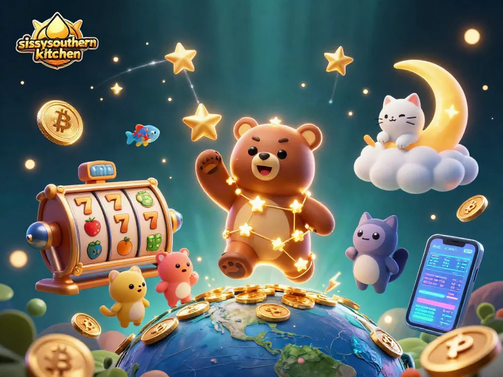 Sissy's Southern Kitchen showcases a cartoon constellation bear scooping up slot coins in a dynamic casino scene.