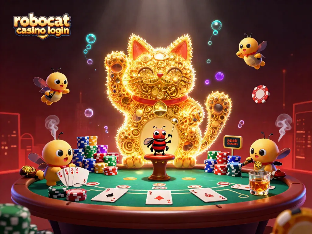 Experience robocat casino login with vibrant casino imagery, chip stacks, and lively firefly characters.