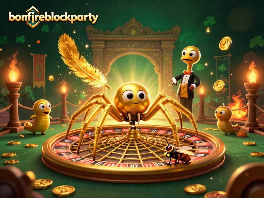 Witness the thrilling bonfireblockparty betting scene with a golden spider and lively characters!